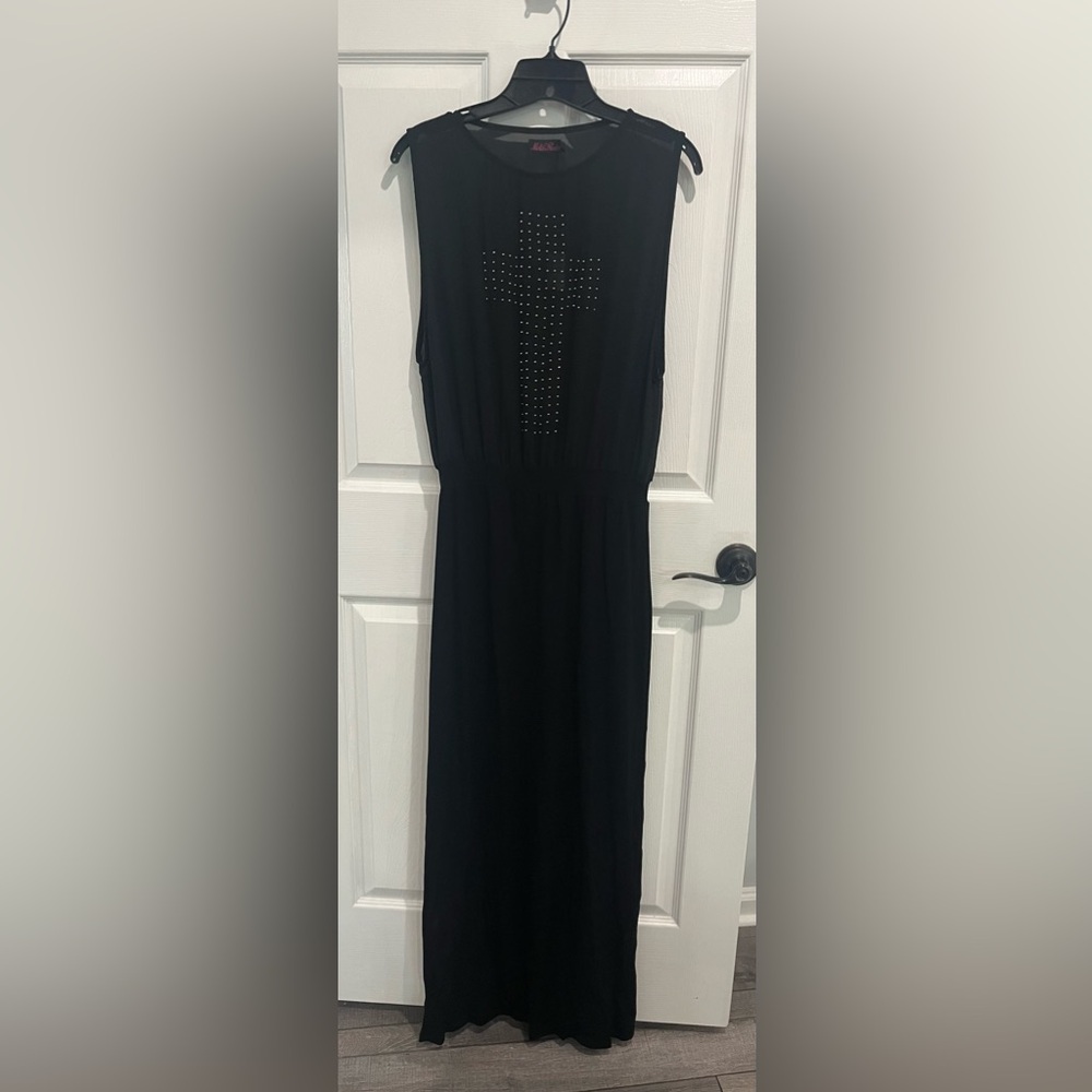 Black beaded cross maxi sleeveless dress, size L, NWT